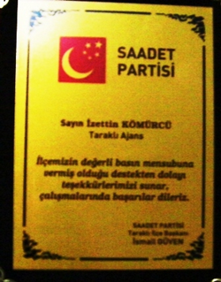 Saadet Partisi'nden Kömürcü'ye Plaket