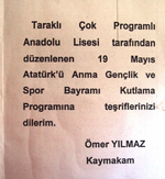 19 MAYIS ATATÜRK'Ü ANMA GENÇLİK VE SPOR BAYRAMI KUTLAMA APROGRAMI