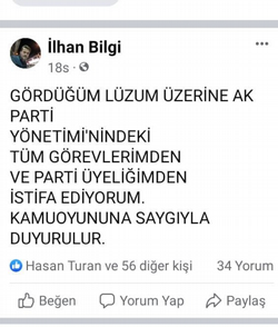 AK Parti Taraklı İlçe Yönetim Kurulu Üyesi İlhan Bilgi İstifa Etti