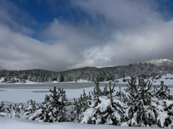 Karagöl Yaylası'ndaki göletin yüzeyi buz tuttu